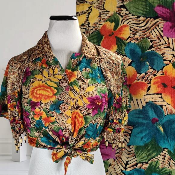 Vintage 90s Carole Little Beaded Floral Rayon Top Mexico Boho Festival Blouse - Picture 2 of 16
